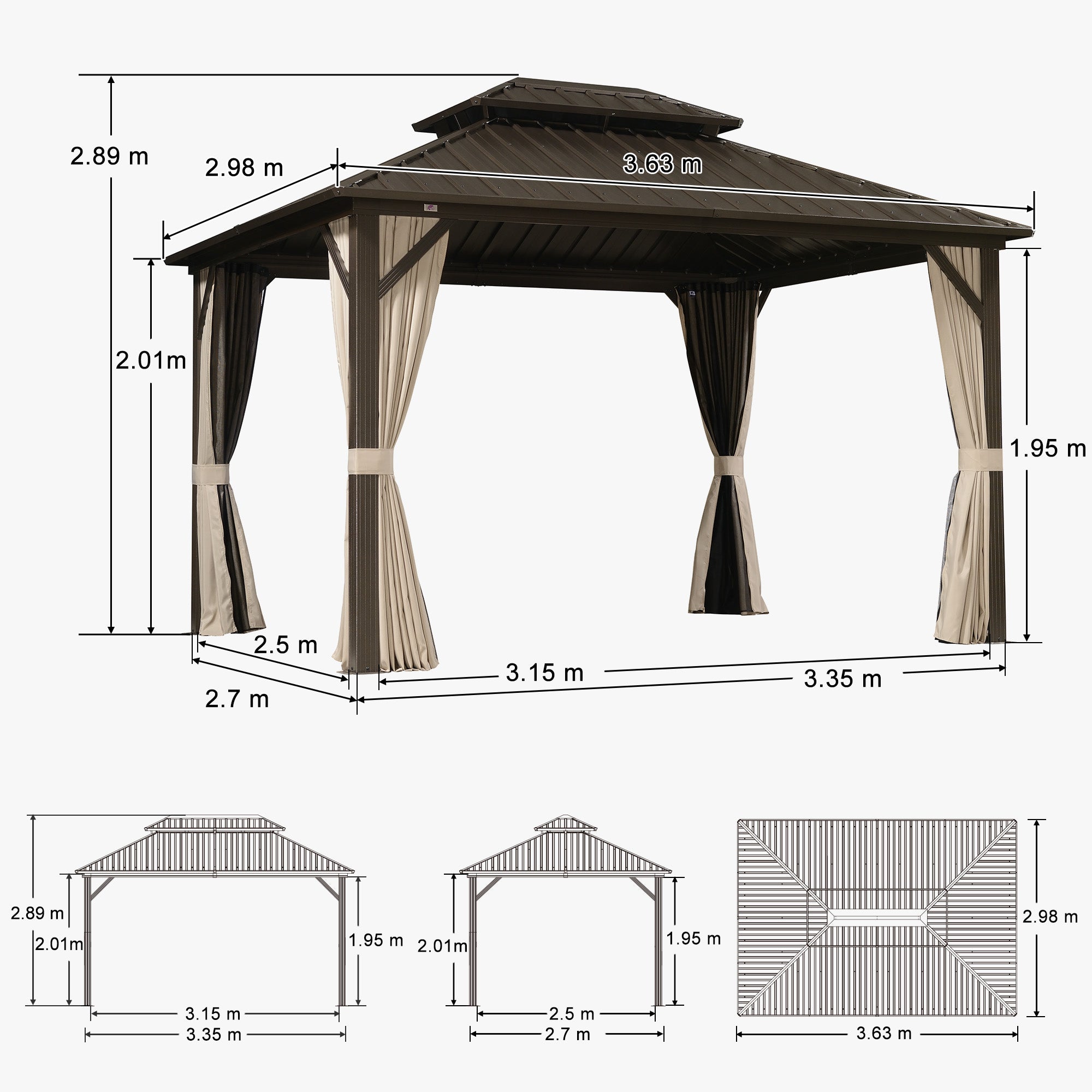 PURPLE LEAF Hardtop Tuinpaviljoen Essential Gegalvaniseerd Stalen Dak Aluminium Frame met Gordijn en Klamboe -Brons
