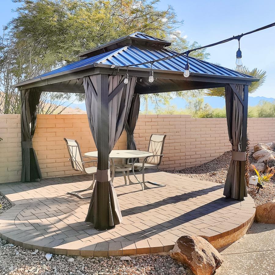 PURPLE LEAF Hardtop Tuinpaviljoen Essential met Warmwitte Verlichting, Gegalvaniseerd Stalen Dak, Aluminium Frame, Gordijnen en Klamboe – Grijs