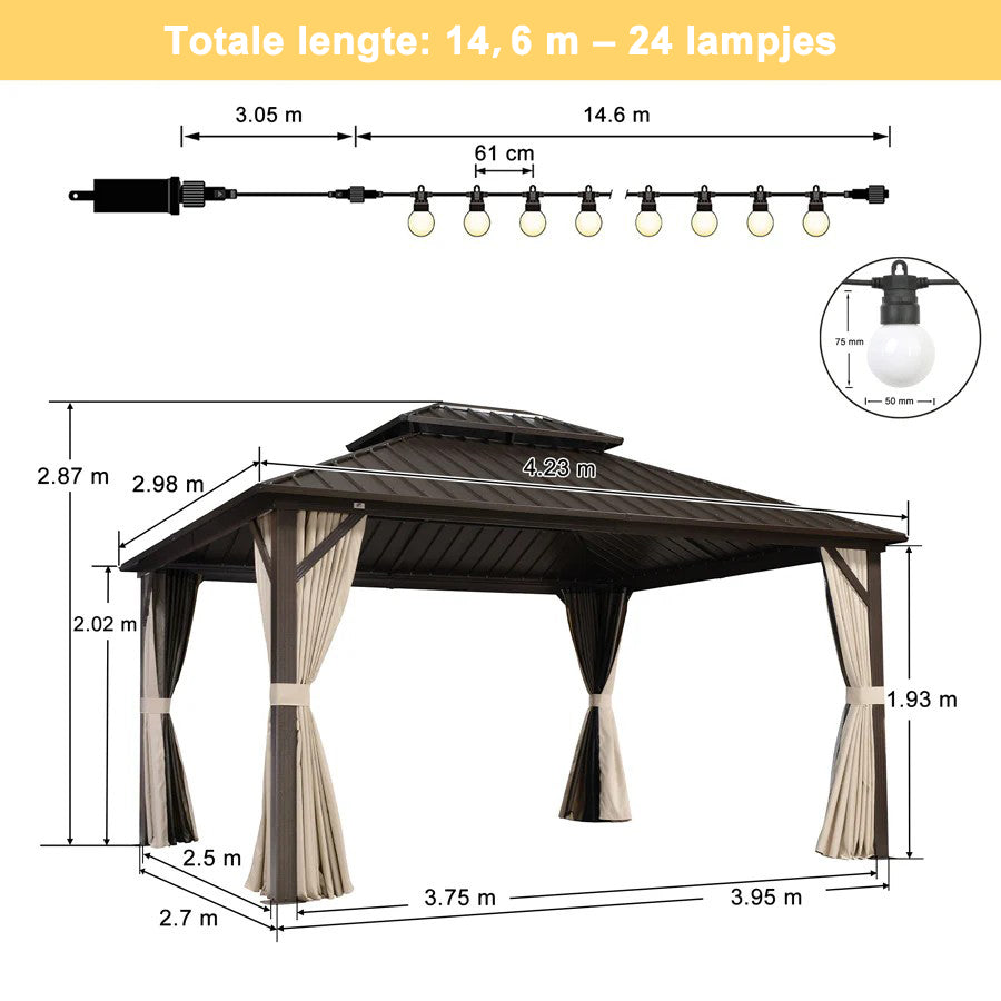 PURPLE LEAF Hardtop Tuinpaviljoen Essential met Neutraal witte LED-verlichting , Gegalvaniseerd Stalen Dak, Aluminium Frame, Gordijnen en Klamboe – Brons