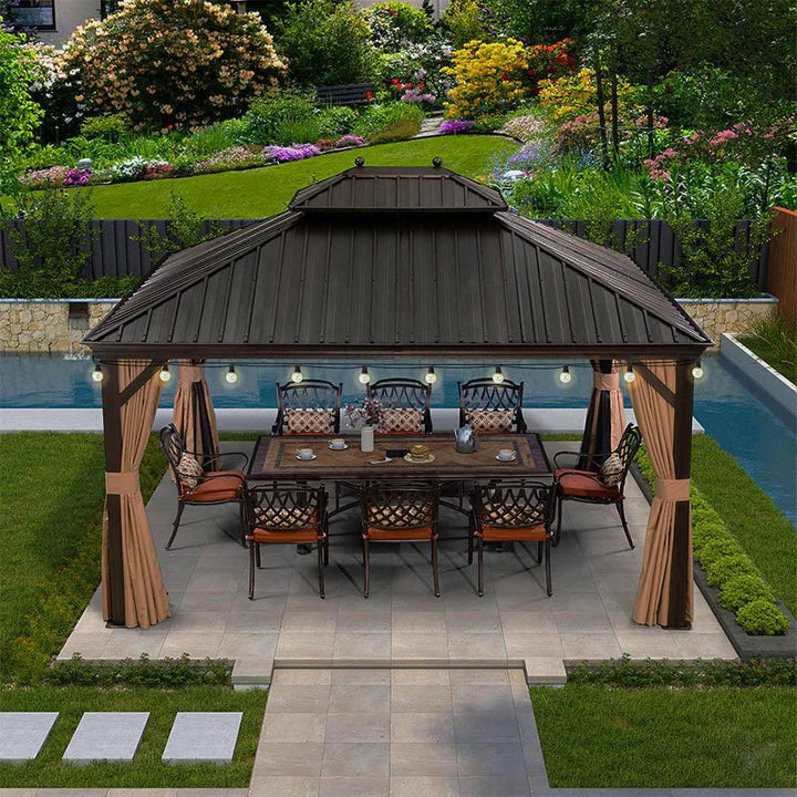 PURPLE LEAF Luxe Hardtop Paviljoen Bronzen Frame Dubbel Dak Tuin Warmwitte Verlichting