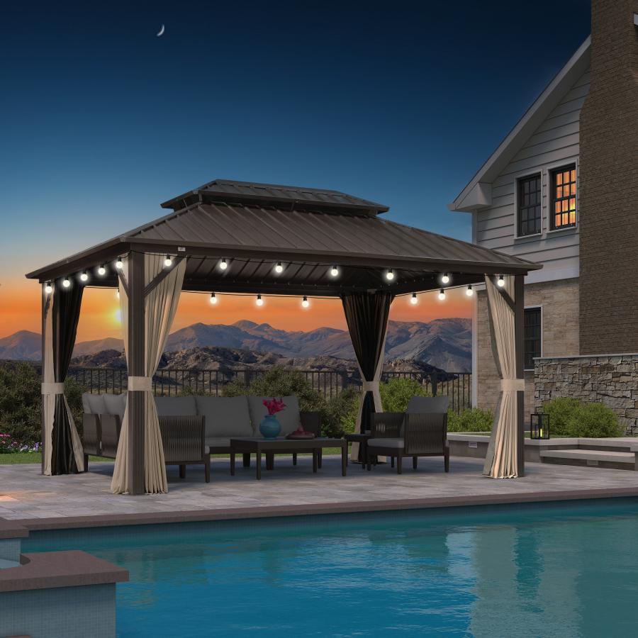 PURPLE LEAF Hardtop Tuinpaviljoen Essential met Neutraal witte LED-verlichting , Gegalvaniseerd Stalen Dak, Aluminium Frame, Gordijnen en Klamboe – Brons
