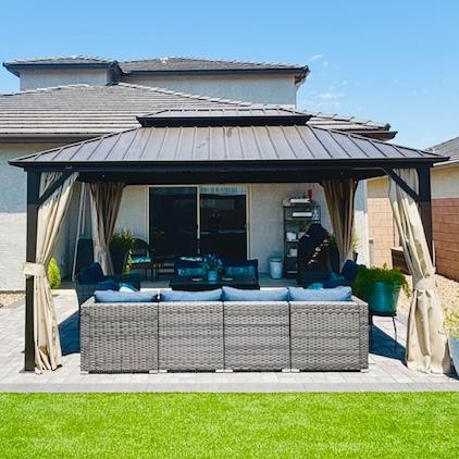 PURPLE LEAF Hardtop Tuinpaviljoen Essential met Neutraal witte LED-verlichting , Gegalvaniseerd Stalen Dak, Aluminium Frame, Gordijnen en Klamboe – Brons