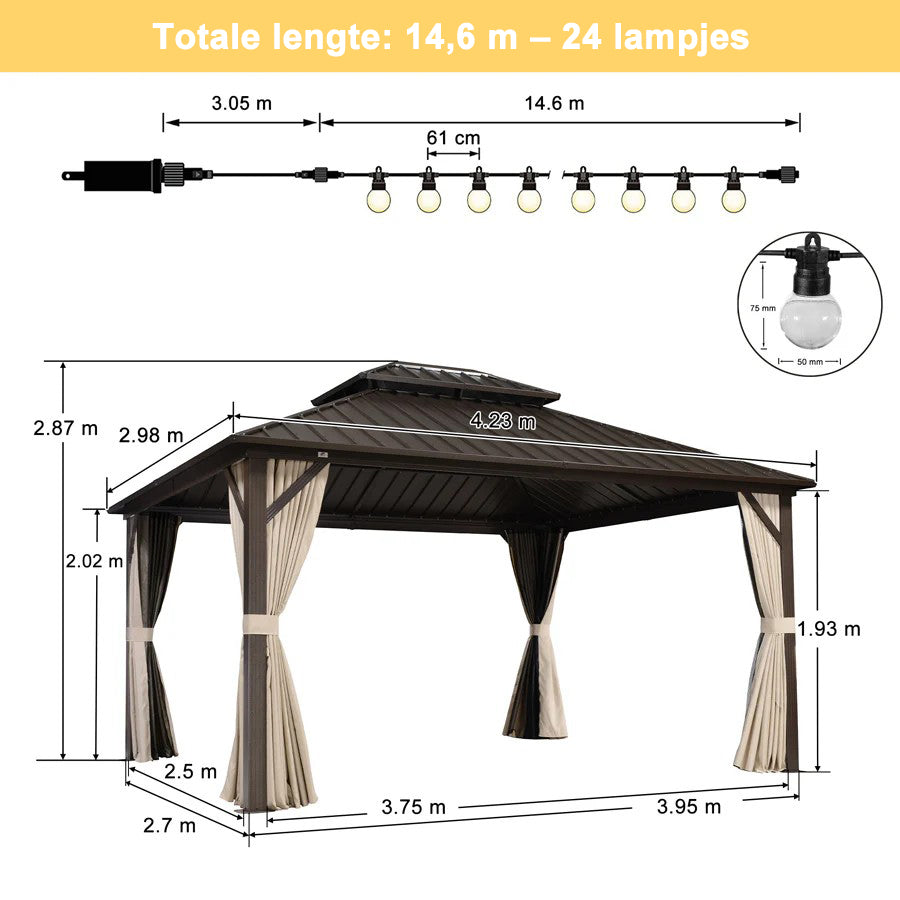 PURPLE LEAF Essential  Hardtop Tuinpaviljoen Bronzen Frame Dubbel Dak Tuin Warmwitte Verlichting