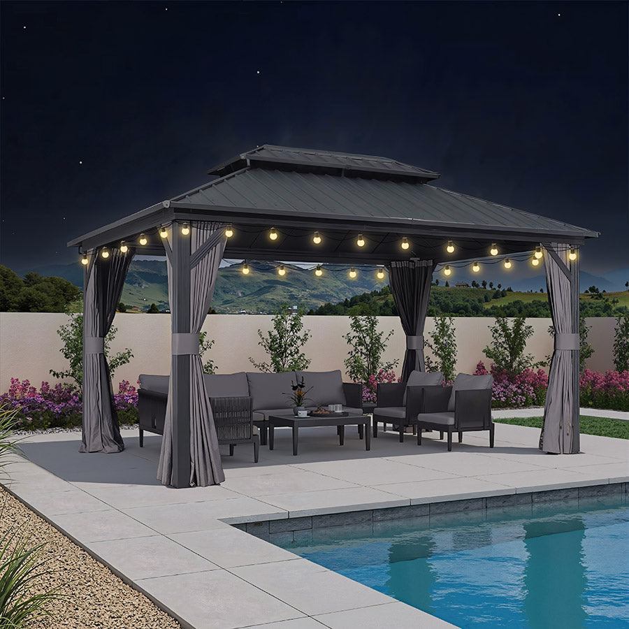 PURPLE LEAF Hardtop Tuinpaviljoen Essential met Warmwitte Verlichting, Gegalvaniseerd Stalen Dak, Aluminium Frame, Gordijnen en Klamboe – Grijs