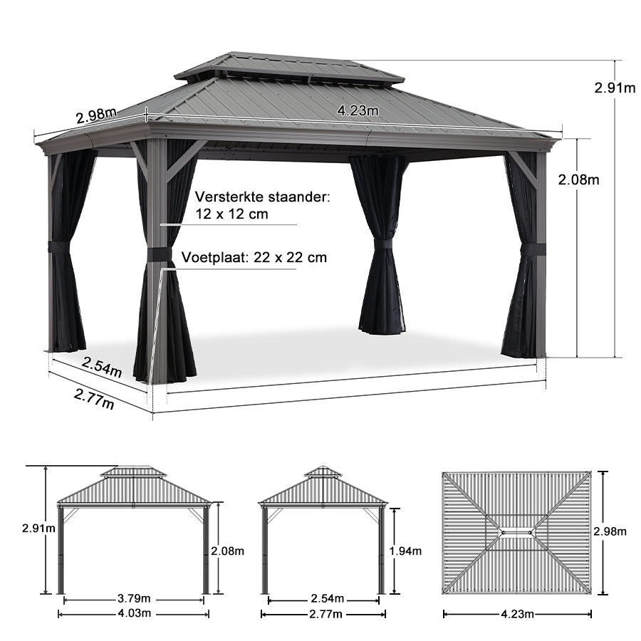 Purple Leaf Lichtgrijs Tuinpaviljoen met Dubbel Dak van Verzinkt Staal, Aluminium Frame, Insectenhor en Zijgordijnen