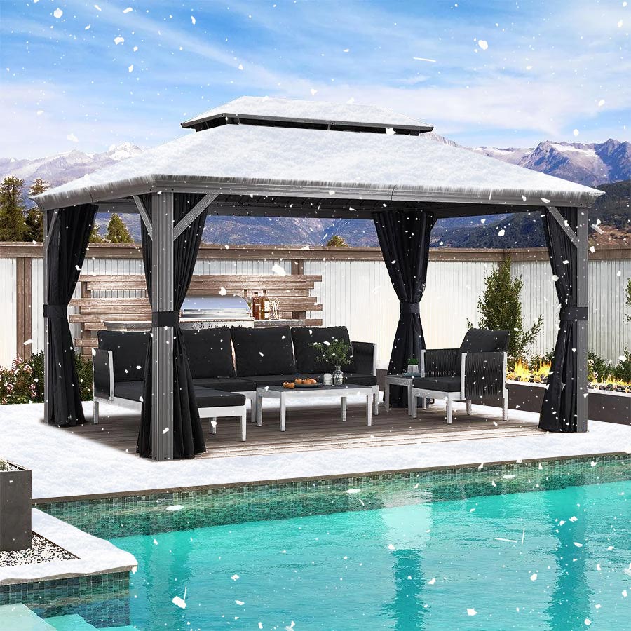 Purple Leaf Lichtgrijs Tuinpaviljoen met Dubbel Dak van Verzinkt Staal, Aluminium Frame, Insectenhor en Zijgordijnen