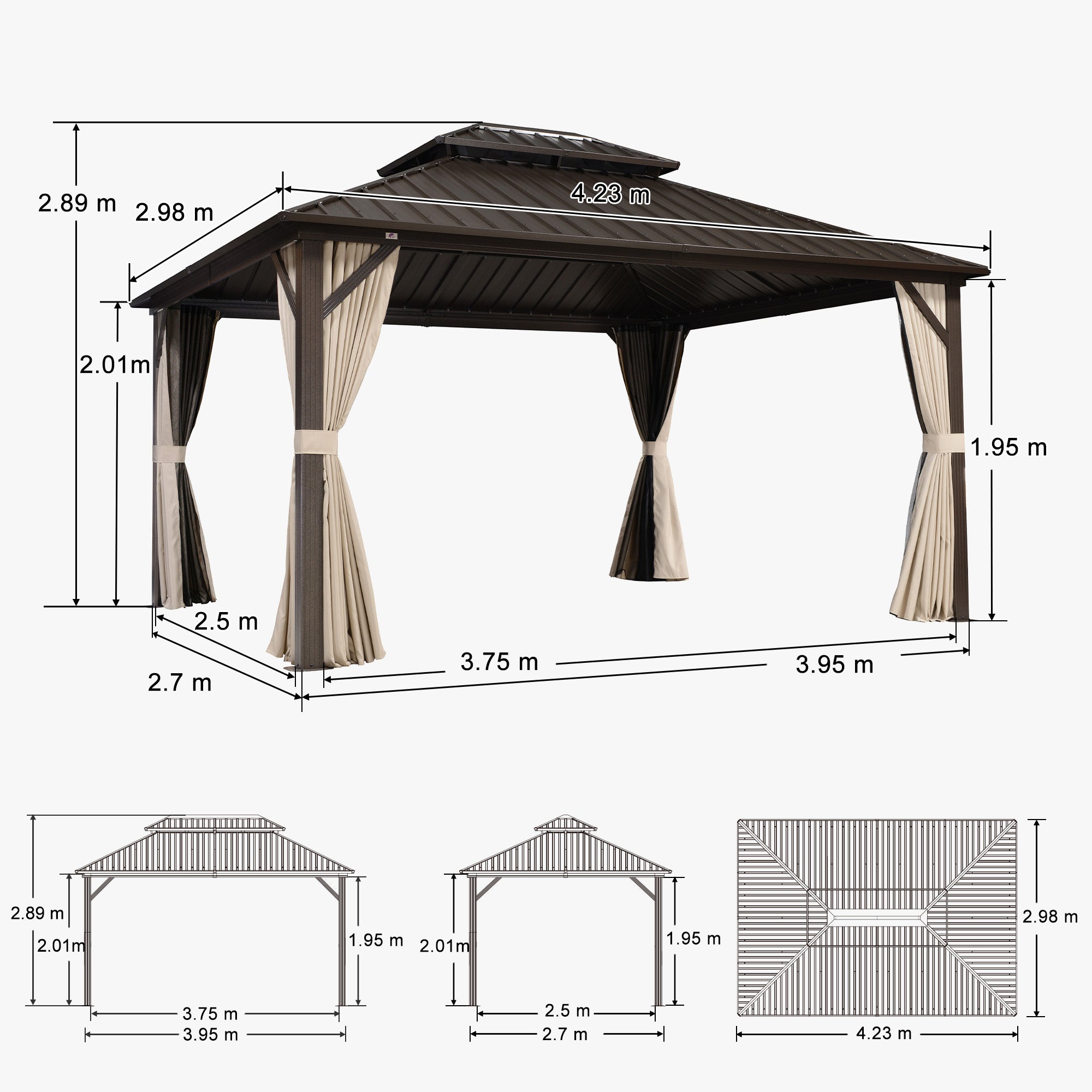 PURPLE LEAF Hardtop Tuinpaviljoen Essential Gegalvaniseerd Stalen Dak Aluminium Frame met Gordijn en Klamboe -Brons
