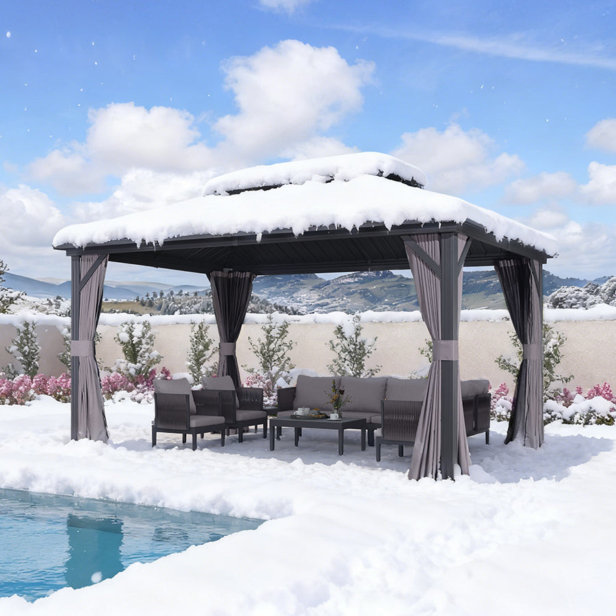 PURPLE LEAF Hardtop Prieel Basismodel Gegalvaniseerd Stalen Dak Aluminium Frame met Gordijn en Klamboe – Grijs