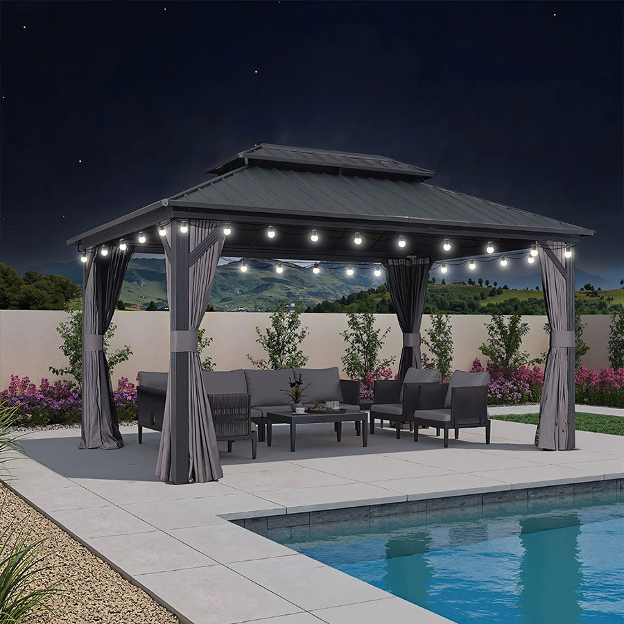 PURPLE LEAF Hardtop Tuinpaviljoen Essential met Neutraal Witte Verlichting, Gegalvaniseerd Stalen Dak, Aluminium Frame, Gordijnen en Klamboe – Grijs