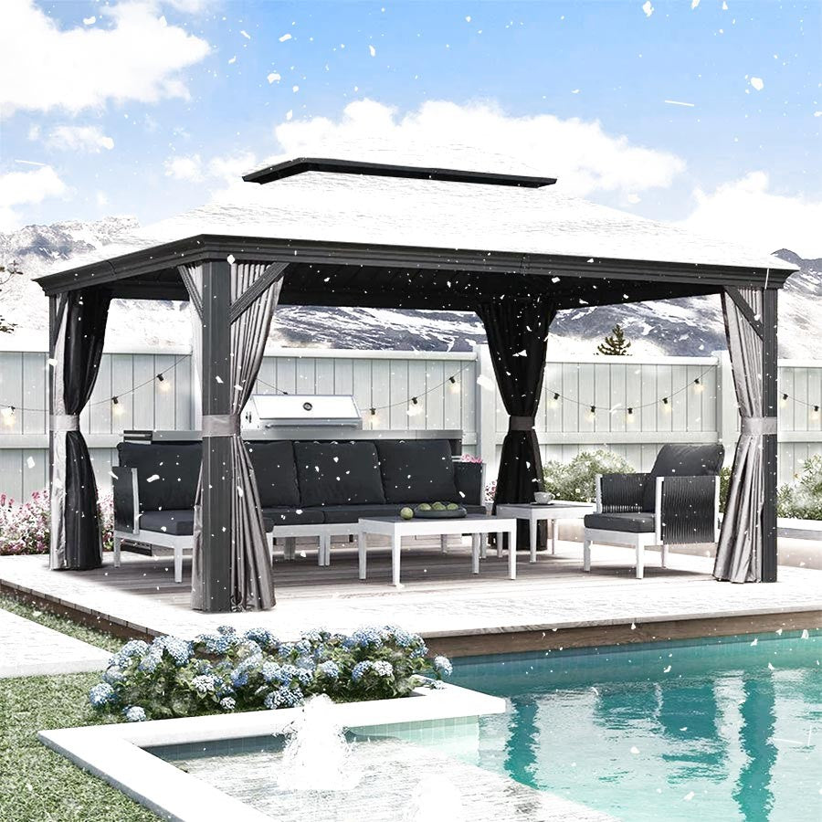 PURPLE LEAF Tuinpaviljoen Voor Achtertuin Grijs Hardtop Gegalvaniseerd Stalen Dak Luifel met Upgrade Gordijn