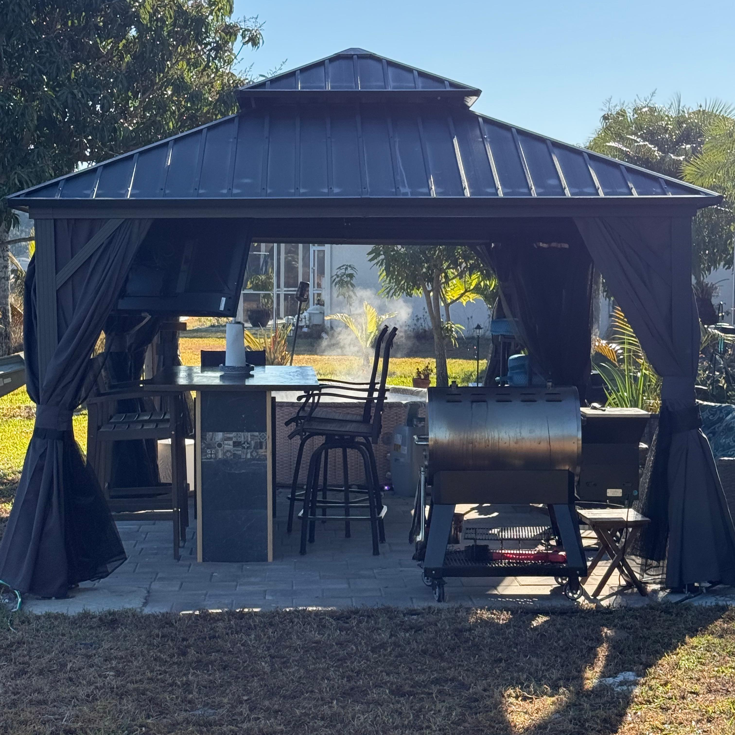 PURPLE LEAF Hardtop Tuinpaviljoen Essential met Warmwitte Verlichting, Gegalvaniseerd Stalen Dak, Aluminium Frame, Gordijnen en Klamboe – Grijs