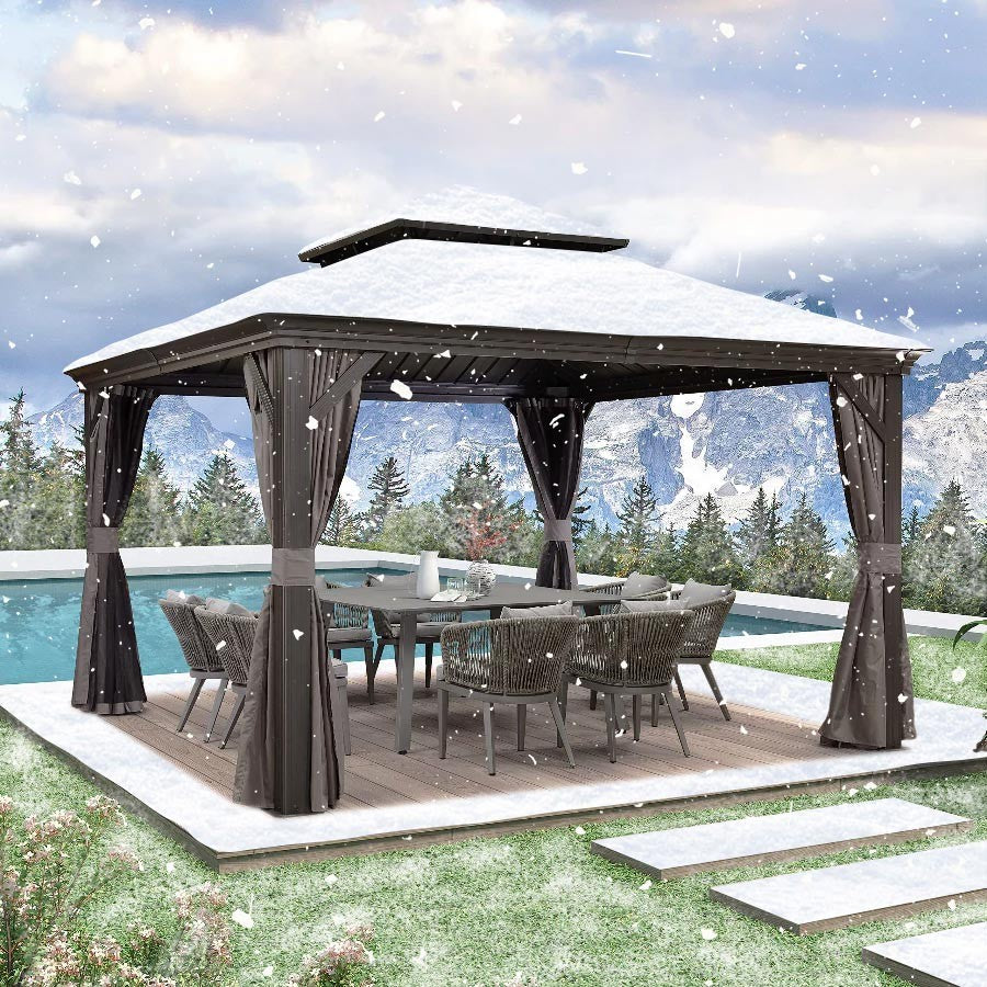 PURPLE LEAF Tuinpaviljoen Voor Achtertuin Grijs Hardtop Gegalvaniseerd Stalen Dak Luifel met Upgrade Gordijn