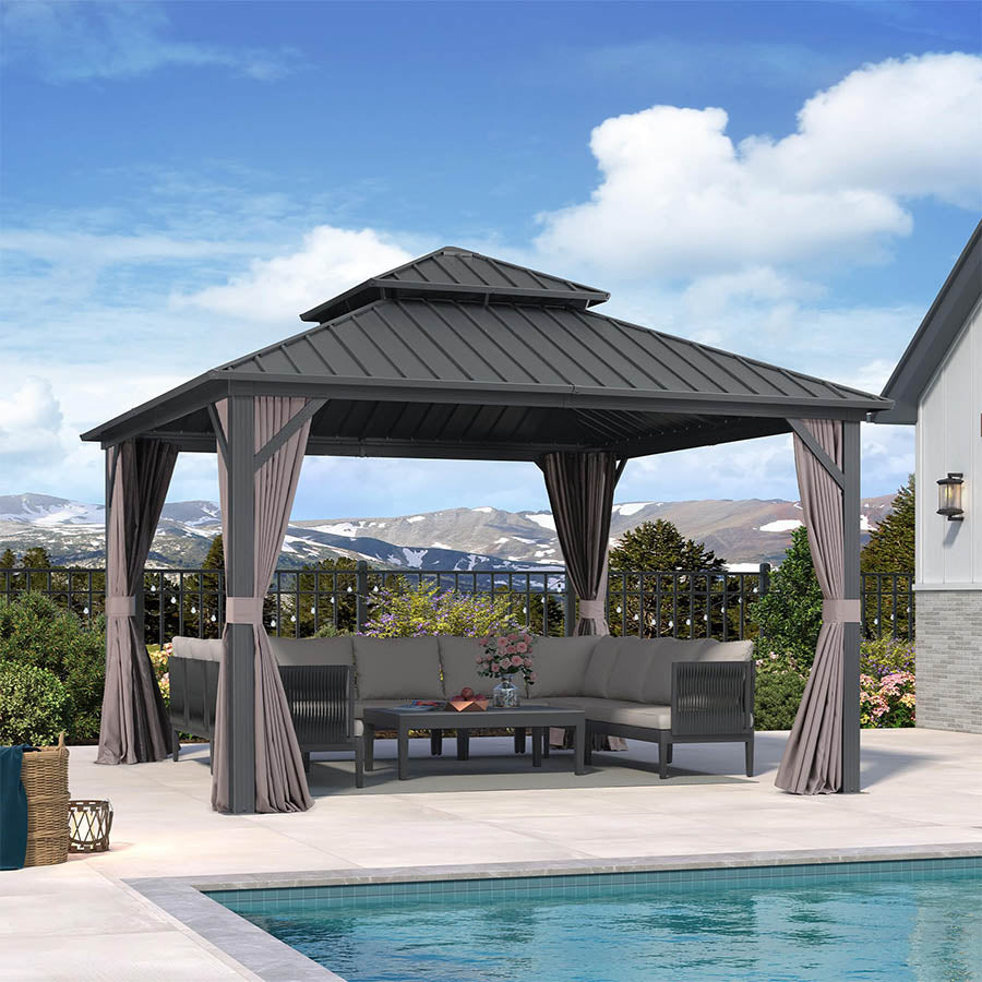 PURPLE LEAF Hardtop Prieel Basismodel Gegalvaniseerd Stalen Dak Aluminium Frame met Gordijn en Klamboe – Grijs