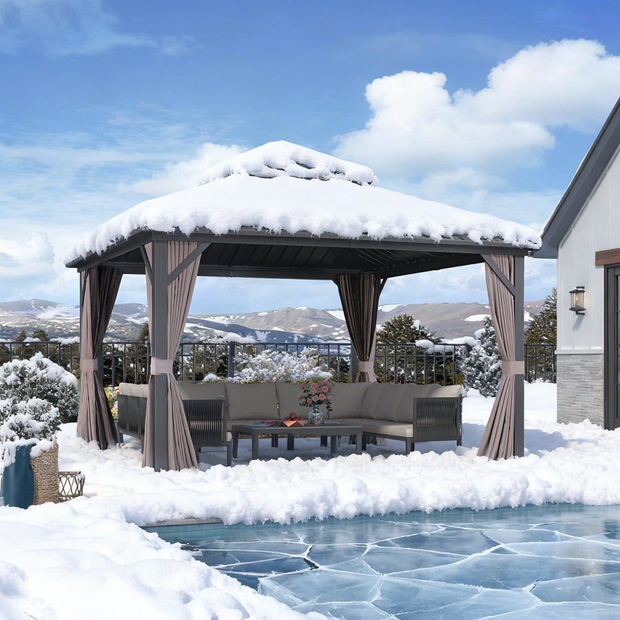 PURPLE LEAF Hardtop Prieel Basismodel Gegalvaniseerd Stalen Dak Aluminium Frame met Gordijn en Klamboe – Grijs