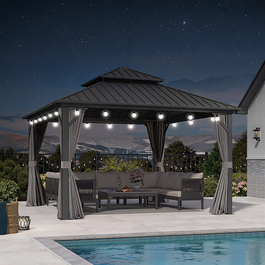 PURPLE LEAF Hardtop Tuinpaviljoen Essential met Neutraal Witte Verlichting, Gegalvaniseerd Stalen Dak, Aluminium Frame, Gordijnen en Klamboe – Grijs