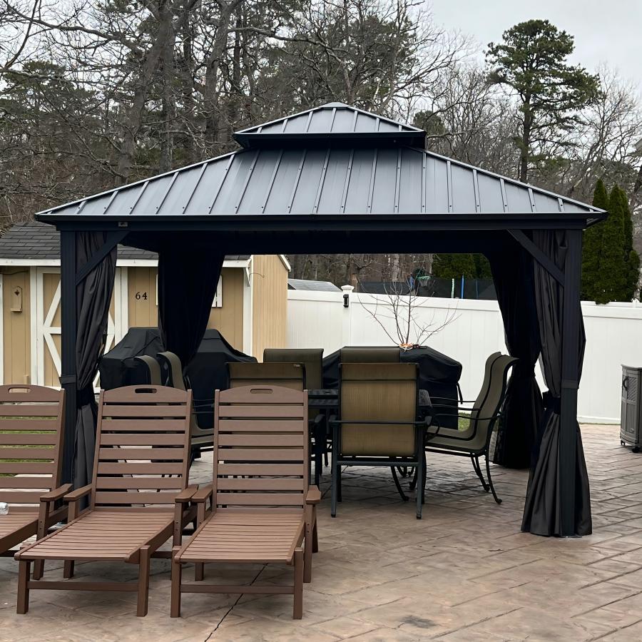 PURPLE LEAF Hardtop Tuinpaviljoen Essential met Warmwitte Verlichting, Gegalvaniseerd Stalen Dak, Aluminium Frame, Gordijnen en Klamboe – Grijs