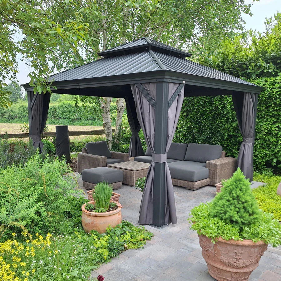 PURPLE LEAF Tuinpaviljoen Voor Achtertuin Grijs Hardtop Gegalvaniseerd Stalen Dak Luifel met Upgrade Gordijn