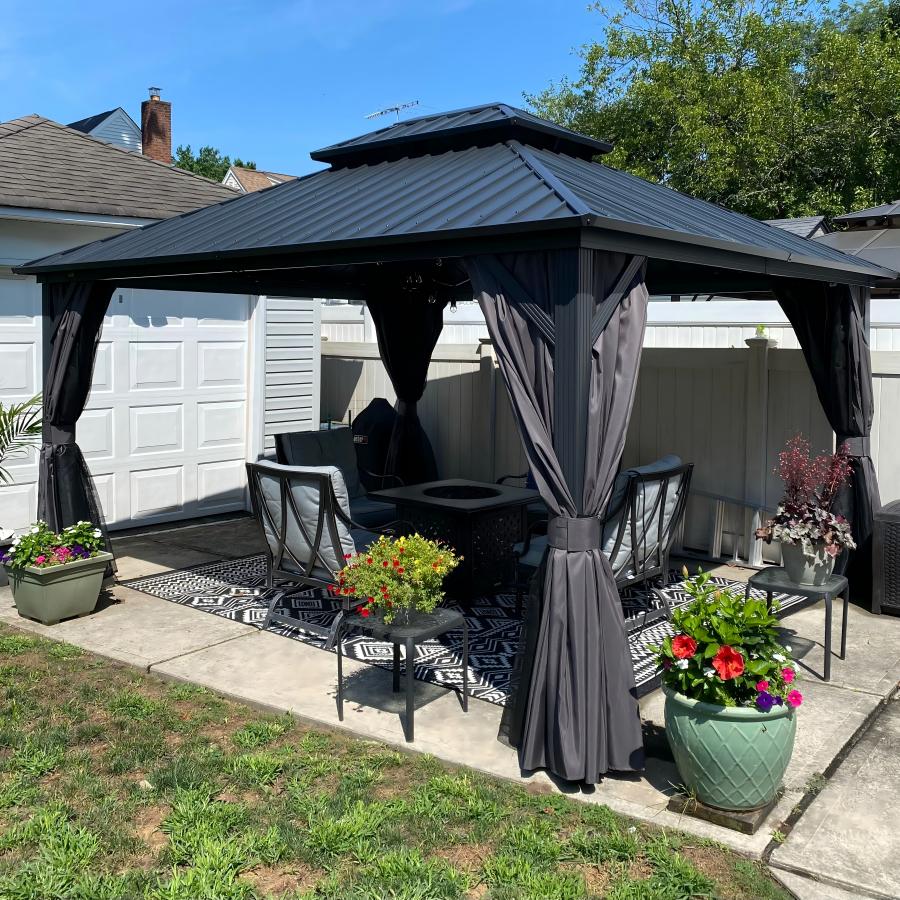 PURPLE LEAF Hardtop Tuinpaviljoen Essential met Warmwitte Verlichting, Gegalvaniseerd Stalen Dak, Aluminium Frame, Gordijnen en Klamboe – Grijs
