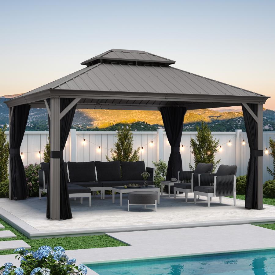 Purple Leaf Lichtgrijs Tuinpaviljoen met Dubbel Dak van Verzinkt Staal, Aluminium Frame, Insectenhor en Zijgordijnen