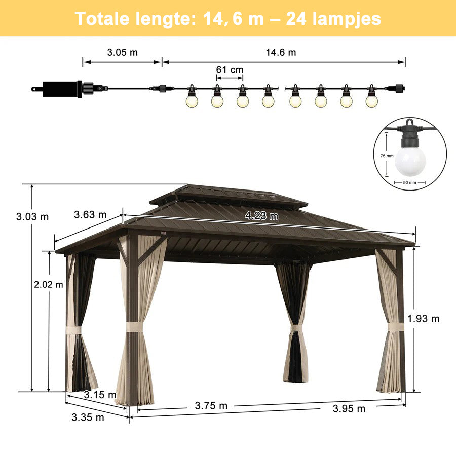 PURPLE LEAF Hardtop Tuinpaviljoen Essential met Neutraal witte LED-verlichting , Gegalvaniseerd Stalen Dak, Aluminium Frame, Gordijnen en Klamboe – Brons