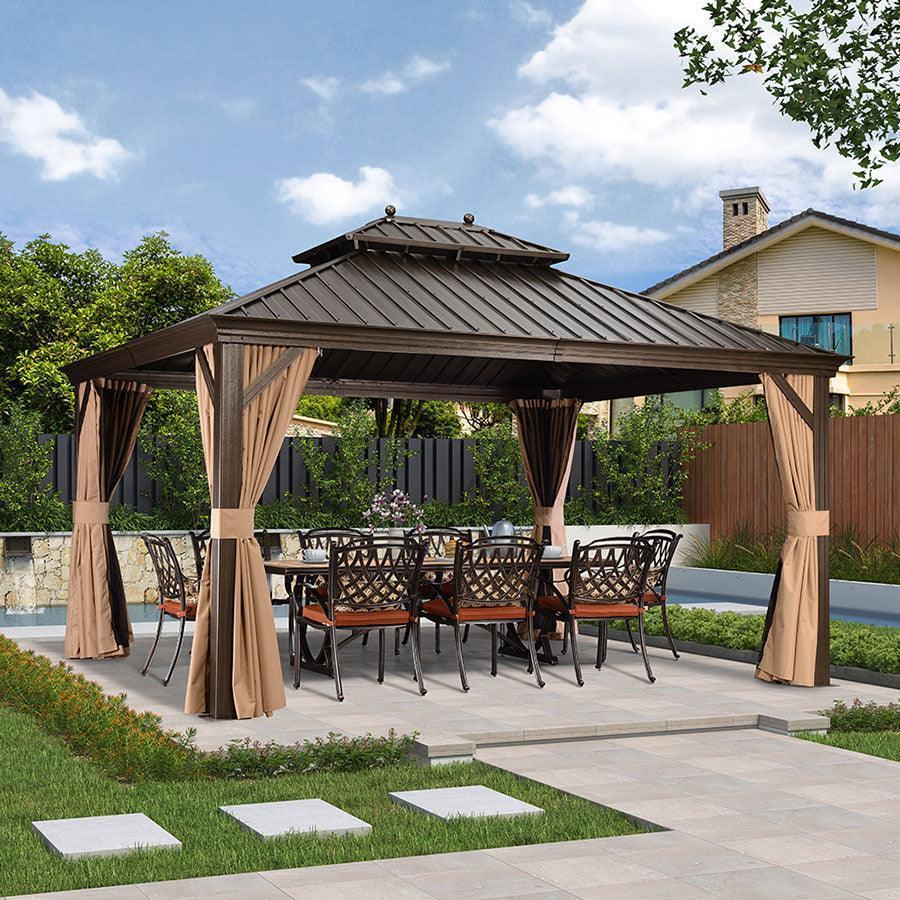 PURPLE LEAF Luxe Hardtop Paviljoen Bronzen Frame Dubbel Dak Tuin Warmwitte Verlichting