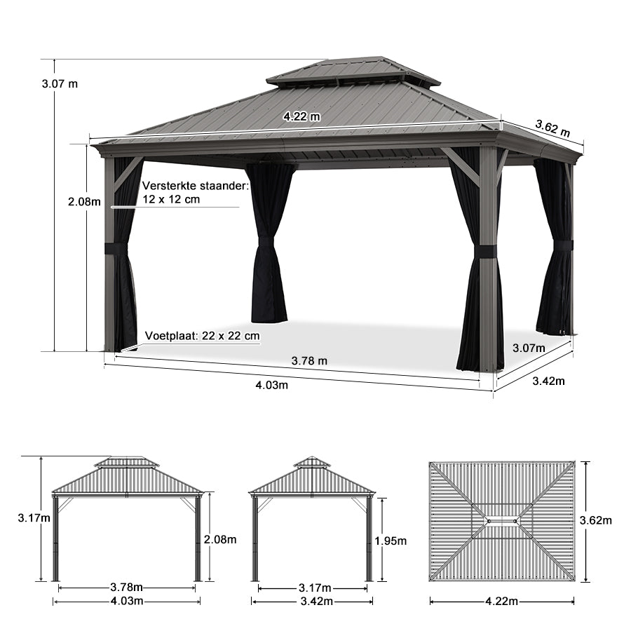 Purple Leaf Lichtgrijs Tuinpaviljoen met Dubbel Dak van Verzinkt Staal, Aluminium Frame, Insectenhor en Zijgordijnen