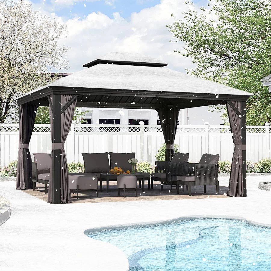 PURPLE LEAF Tuinpaviljoen Voor Achtertuin Grijs Hardtop Gegalvaniseerd Stalen Dak Luifel met Upgrade Gordijn