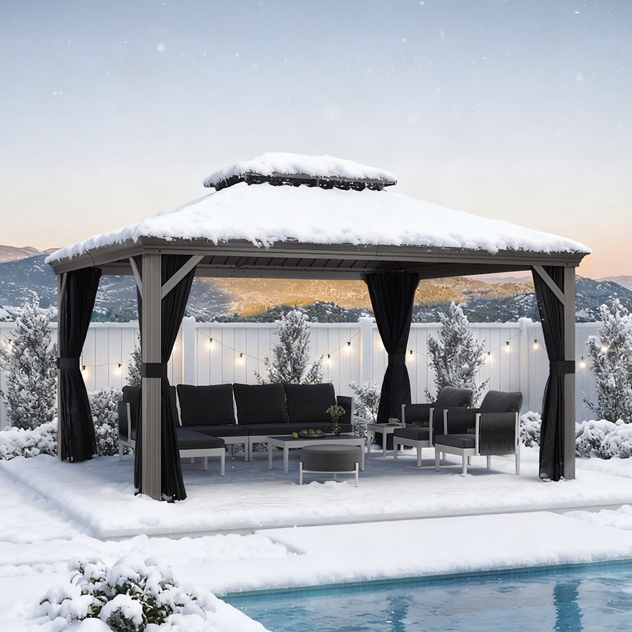 Purple Leaf Lichtgrijs Tuinpaviljoen met Dubbel Dak van Verzinkt Staal, Aluminium Frame, Insectenhor en Zijgordijnen