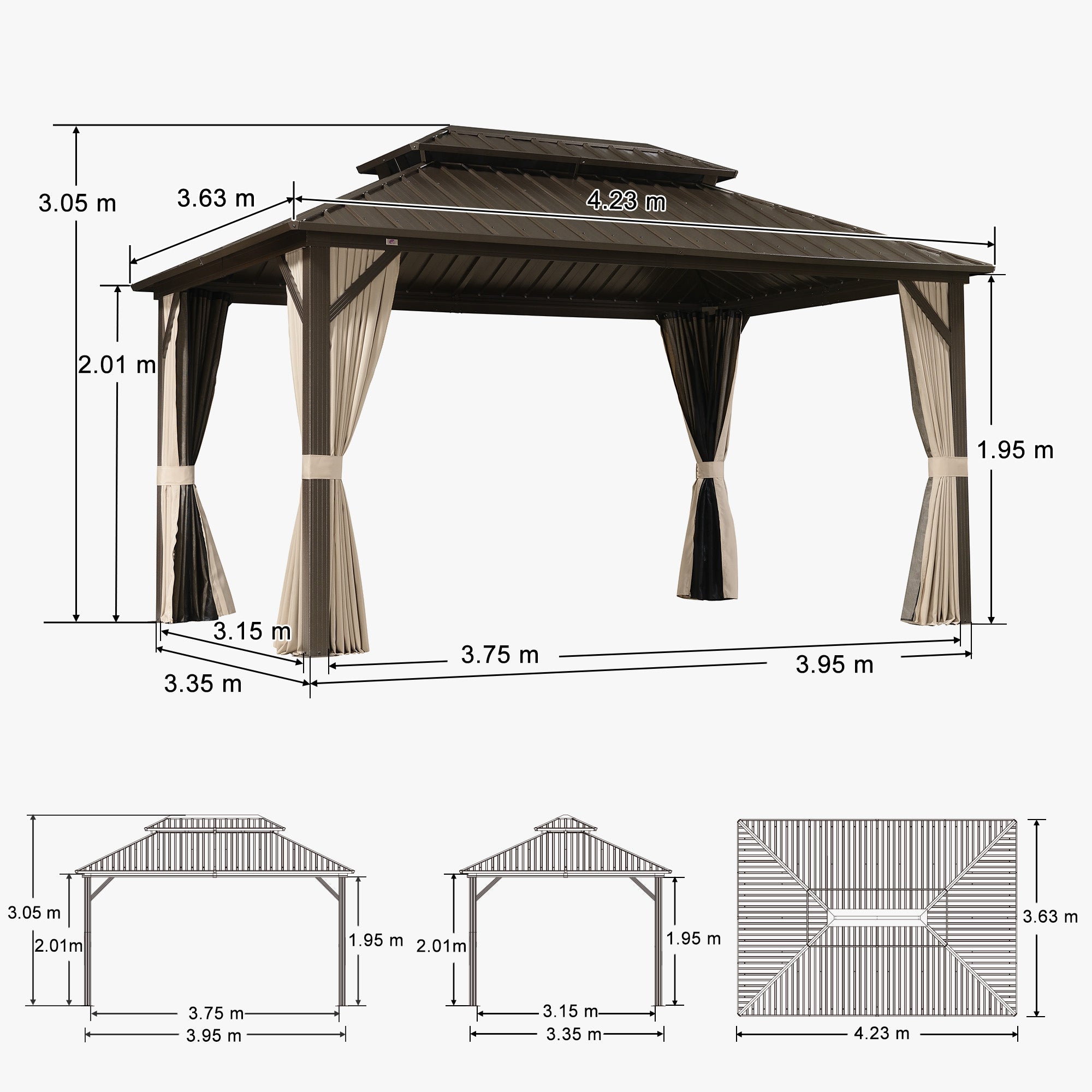 PURPLE LEAF Hardtop Tuinpaviljoen Essential Gegalvaniseerd Stalen Dak Aluminium Frame met Gordijn en Klamboe -Brons