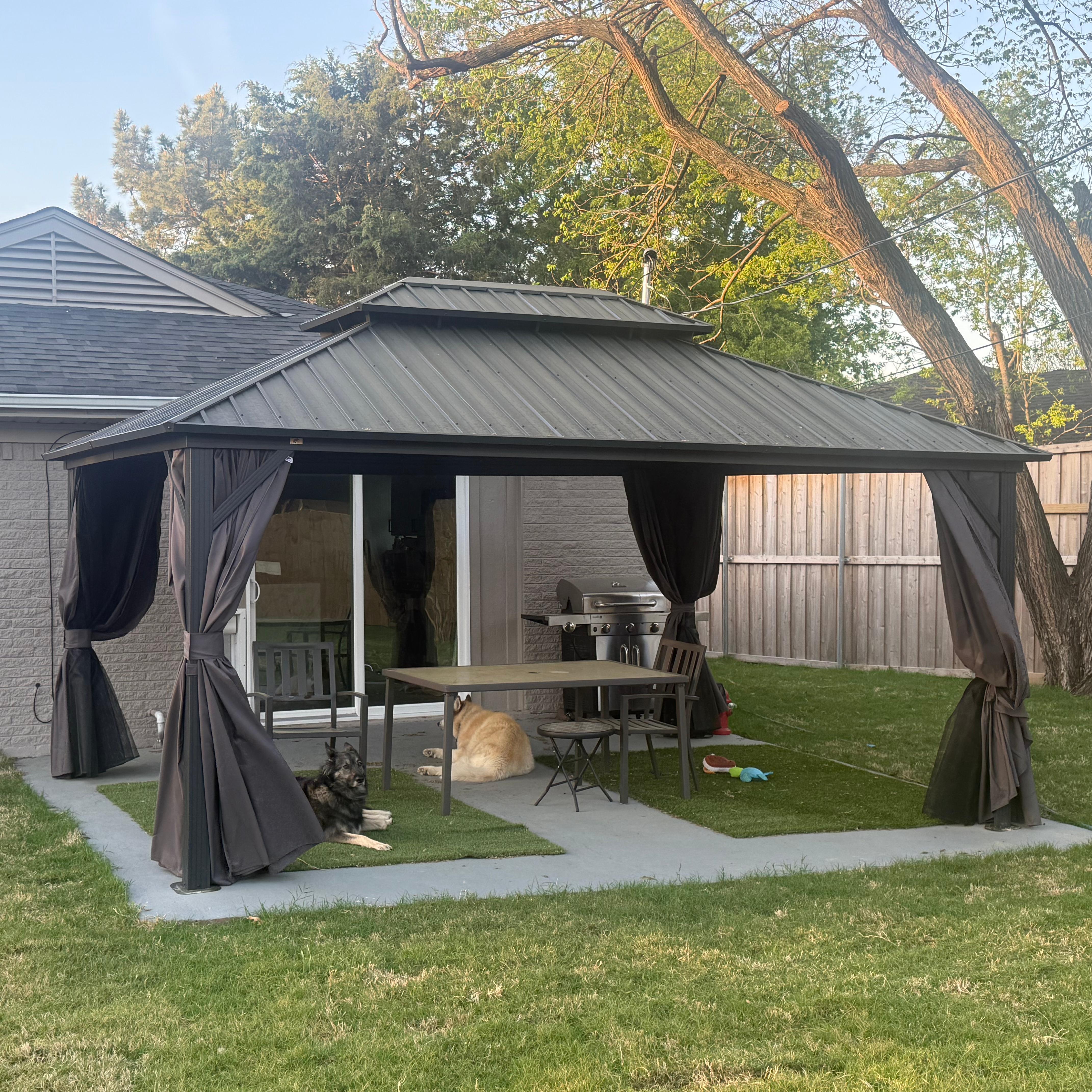 PURPLE LEAF Hardtop Tuinpaviljoen Essential met Neutraal Witte Verlichting, Gegalvaniseerd Stalen Dak, Aluminium Frame, Gordijnen en Klamboe – Grijs