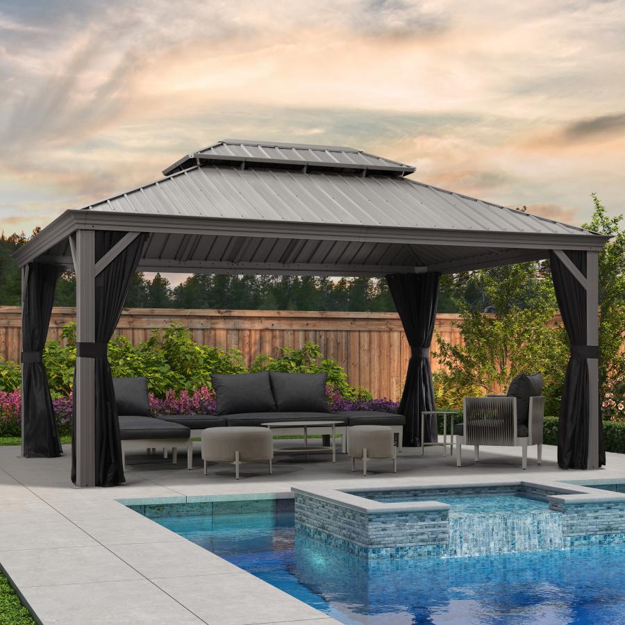 Purple Leaf Lichtgrijs Tuinpaviljoen met Dubbel Dak van Verzinkt Staal, Aluminium Frame, Insectenhor en Zijgordijnen