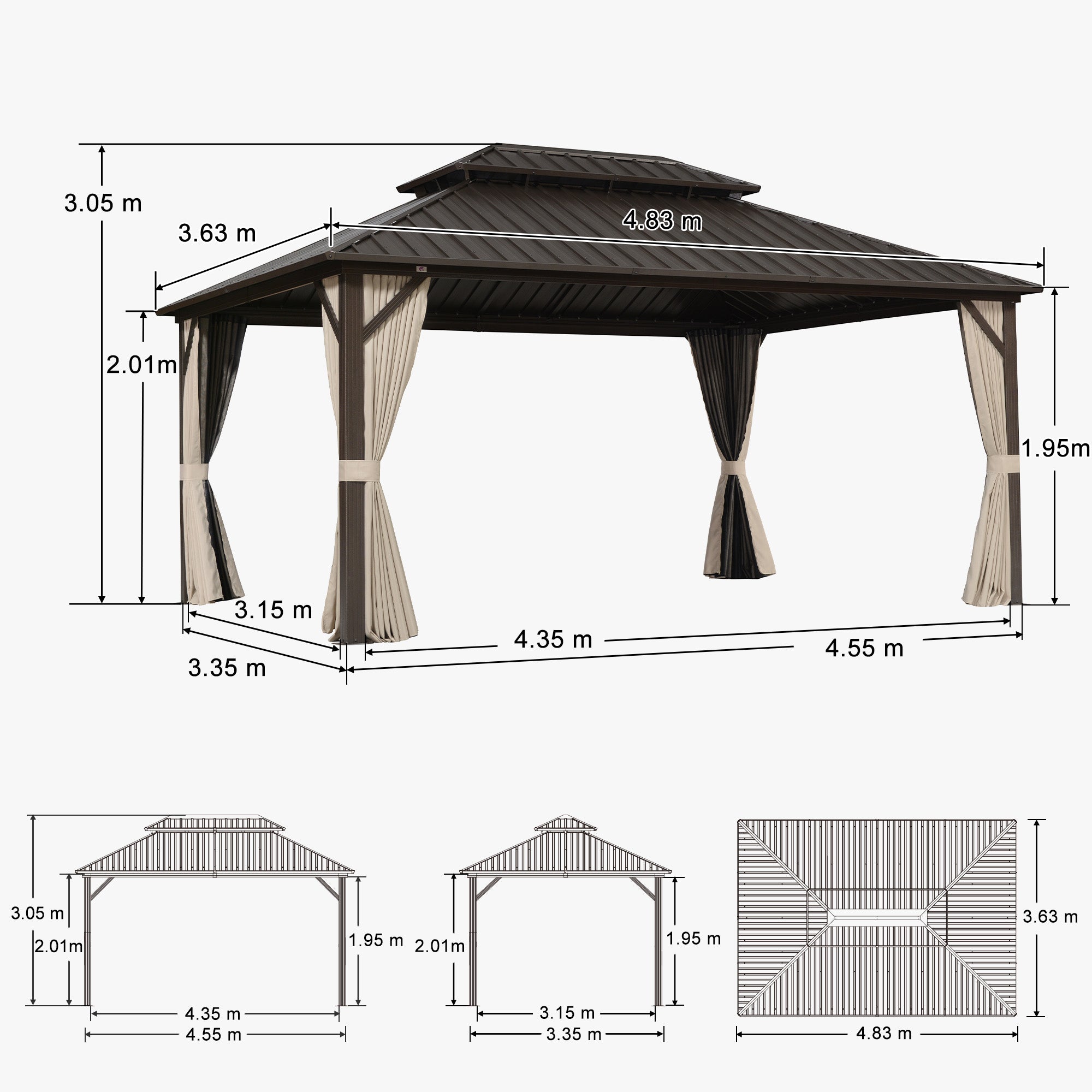 PURPLE LEAF Hardtop Tuinpaviljoen Essential Gegalvaniseerd Stalen Dak Aluminium Frame met Gordijn en Klamboe -Brons