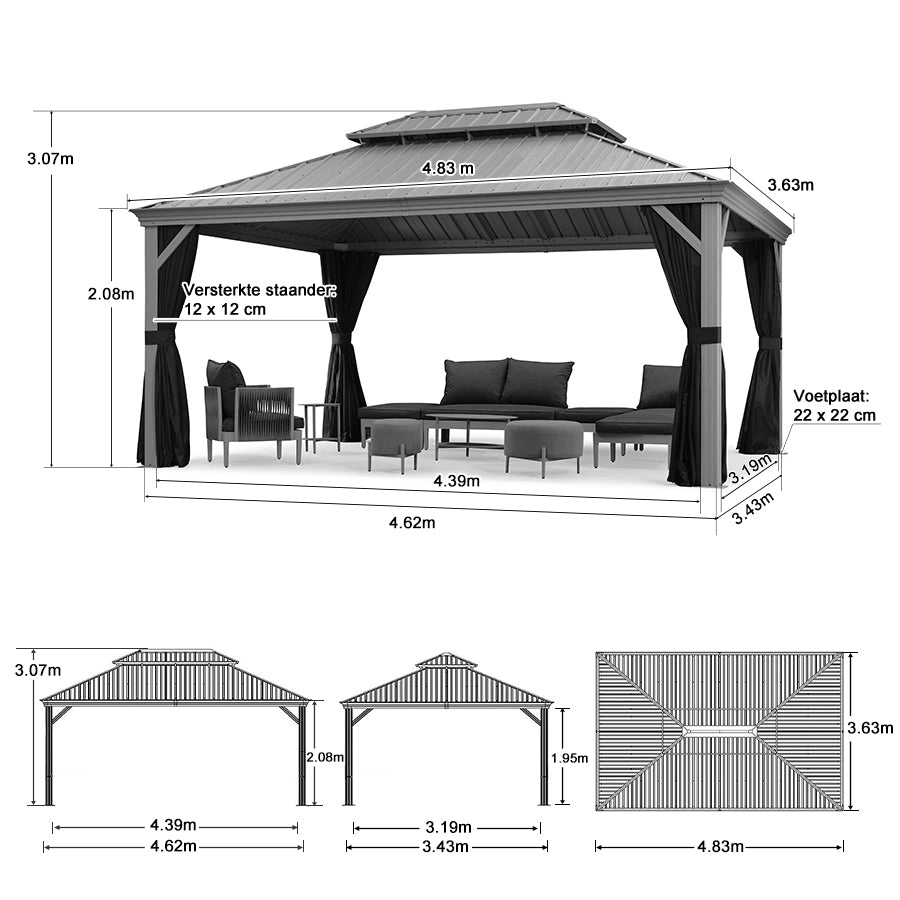 Purple Leaf Lichtgrijs Tuinpaviljoen met Dubbel Dak van Verzinkt Staal, Aluminium Frame, Insectenhor en Zijgordijnen