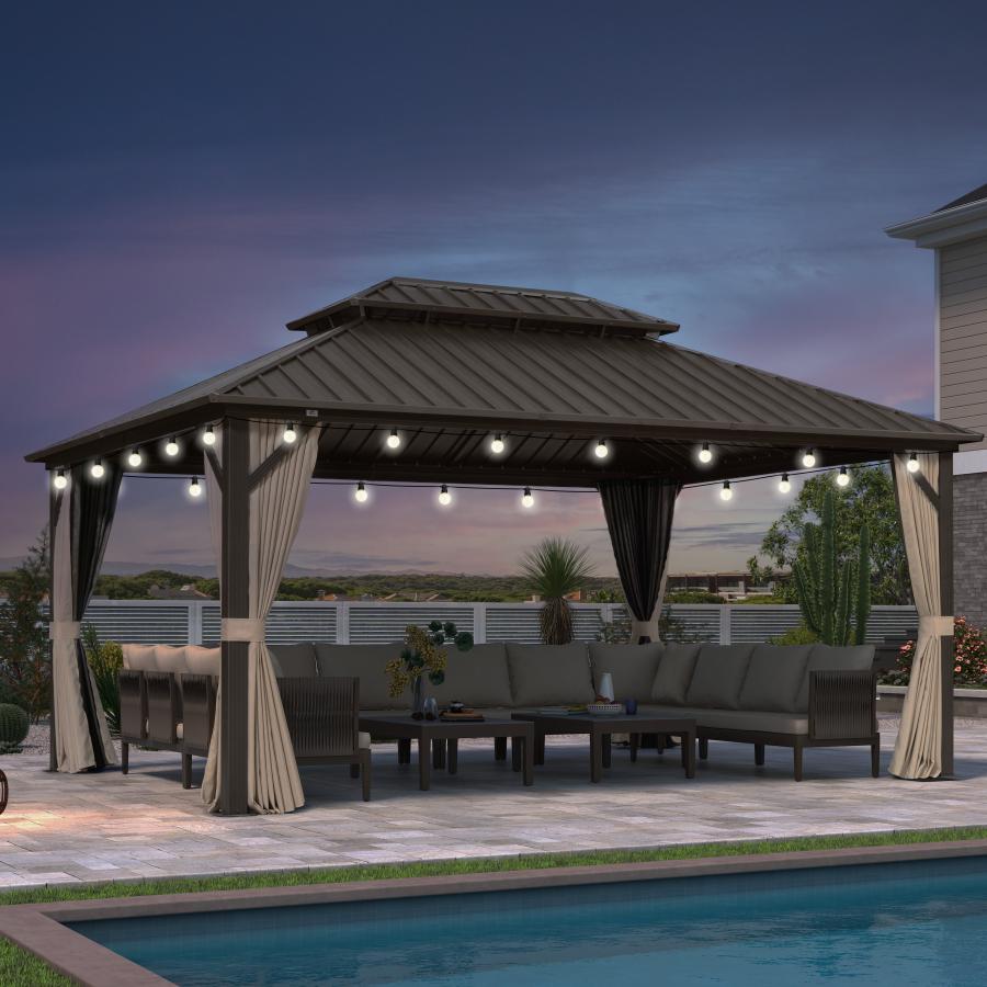 PURPLE LEAF Hardtop Tuinpaviljoen Essential met Neutraal witte LED-verlichting , Gegalvaniseerd Stalen Dak, Aluminium Frame, Gordijnen en Klamboe – Brons