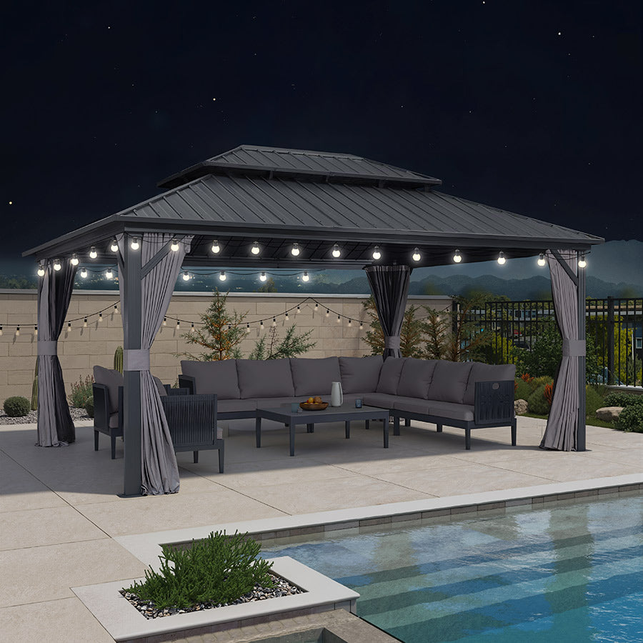 PURPLE LEAF Hardtop Tuinpaviljoen Essential met Neutraal Witte Verlichting, Gegalvaniseerd Stalen Dak, Aluminium Frame, Gordijnen en Klamboe – Grijs