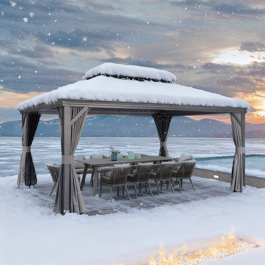 PURPLE LEAF Tuinpaviljoen Voor Achtertuin Grijs Hardtop Gegalvaniseerd Stalen Dak Luifel met Upgrade Gordijn