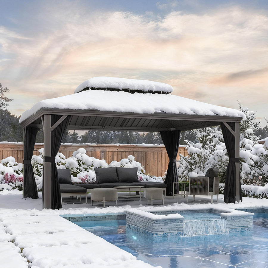 Purple Leaf Lichtgrijs Tuinpaviljoen met Dubbel Dak van Verzinkt Staal, Aluminium Frame, Insectenhor en Zijgordijnen