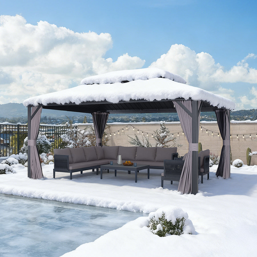 PURPLE LEAF Hardtop Prieel Basismodel Gegalvaniseerd Stalen Dak Aluminium Frame met Gordijn en Klamboe – Grijs