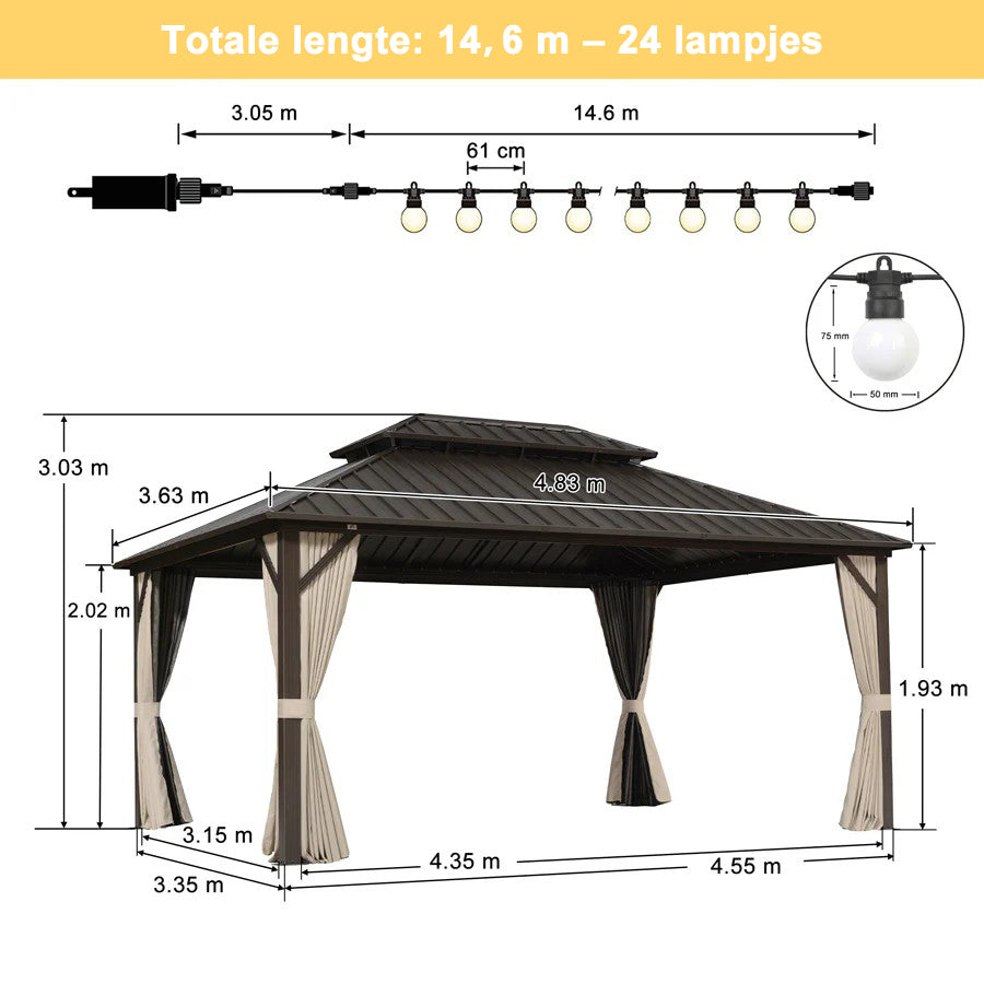 PURPLE LEAF Hardtop Tuinpaviljoen Essential met Neutraal witte LED-verlichting , Gegalvaniseerd Stalen Dak, Aluminium Frame, Gordijnen en Klamboe – Brons