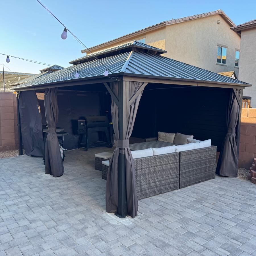 PURPLE LEAF Hardtop Tuinpaviljoen Essential met Neutraal Witte Verlichting, Gegalvaniseerd Stalen Dak, Aluminium Frame, Gordijnen en Klamboe – Grijs