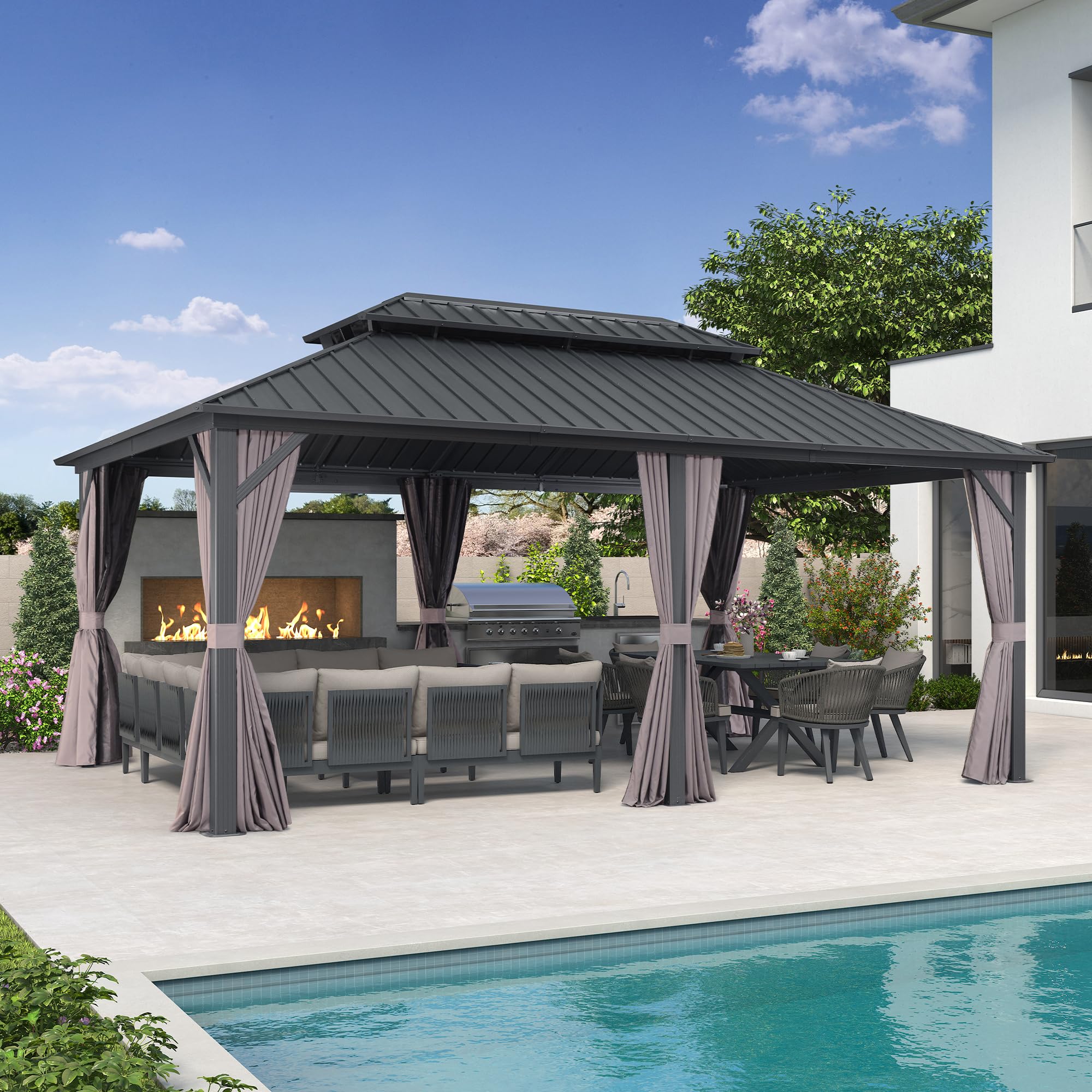 PURPLE LEAF Hardtop Prieel Basismodel Gegalvaniseerd Stalen Dak Aluminium Frame met Gordijn en Klamboe – Grijs