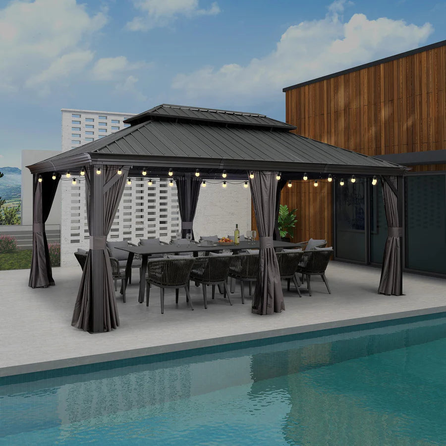 PURPLE LEAF Tuinpaviljoen Voor Achtertuin, Hardtop, Gegalvaniseerde Stalen Luifel, met Sfeerverlichting – Transparante Uitvoering