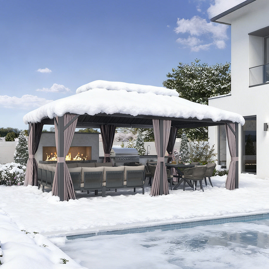 PURPLE LEAF Hardtop Prieel Basismodel Gegalvaniseerd Stalen Dak Aluminium Frame met Gordijn en Klamboe – Grijs