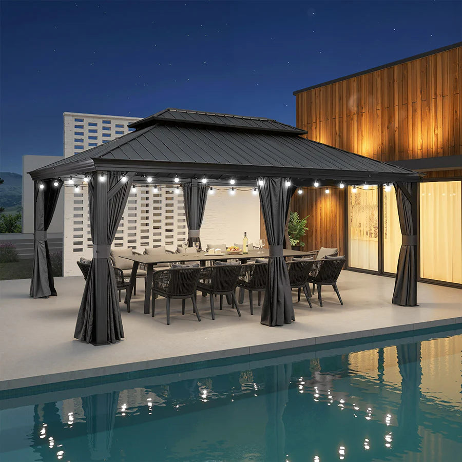 PURPLE LEAF Cenador Gris para Patio Trasero y Jardín con Techo Rígido, Cortinas, Mosquiteras y Luces LED de Luz Natural