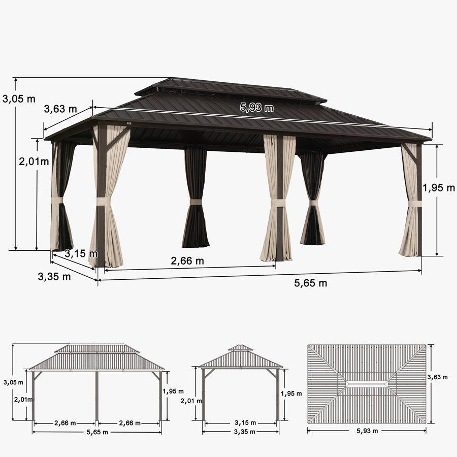 PURPLE LEAF Hardtop Tuinpaviljoen Essential Gegalvaniseerd Stalen Dak Aluminium Frame met Gordijn en Klamboe -Brons