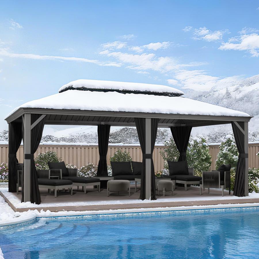 Purple Leaf Lichtgrijs Tuinpaviljoen met Dubbel Dak van Verzinkt Staal, Aluminium Frame, Insectenhor en Zijgordijnen