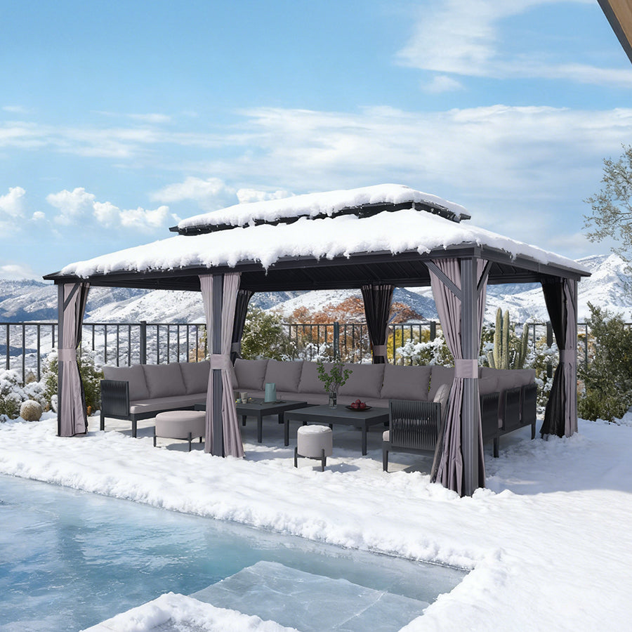 PURPLE LEAF Hardtop Prieel Basismodel Gegalvaniseerd Stalen Dak Aluminium Frame met Gordijn en Klamboe – Grijs