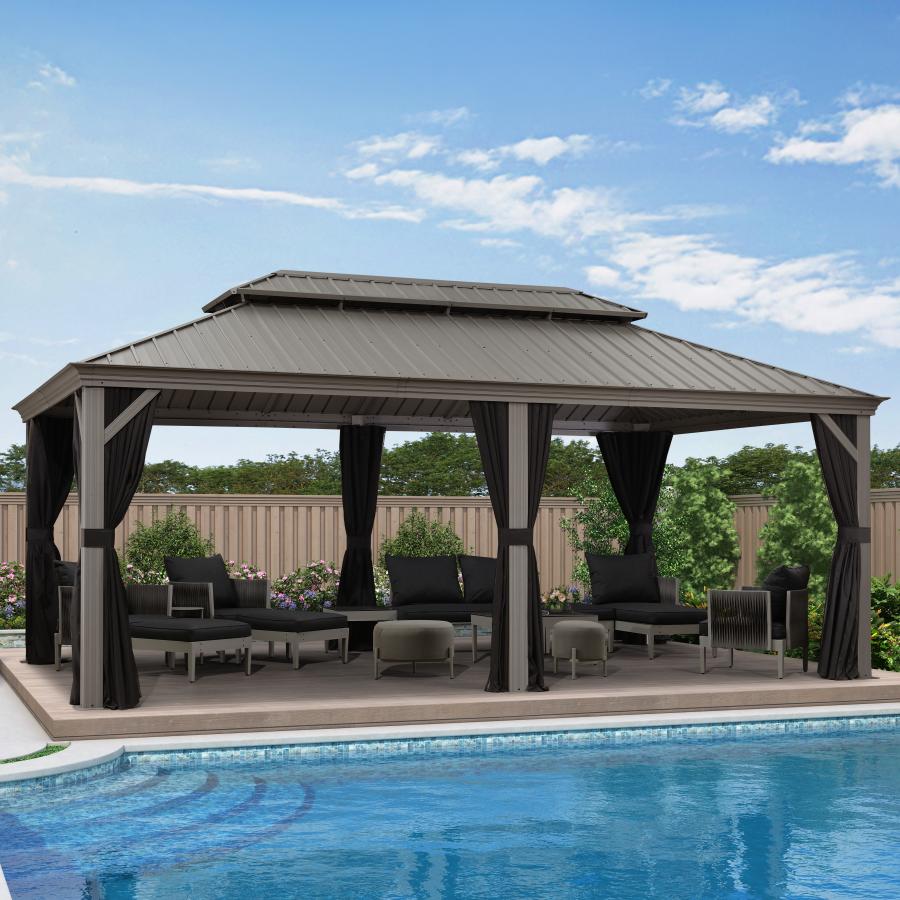 Purple Leaf Lichtgrijs Tuinpaviljoen met Dubbel Dak van Verzinkt Staal, Aluminium Frame, Insectenhor en Zijgordijnen