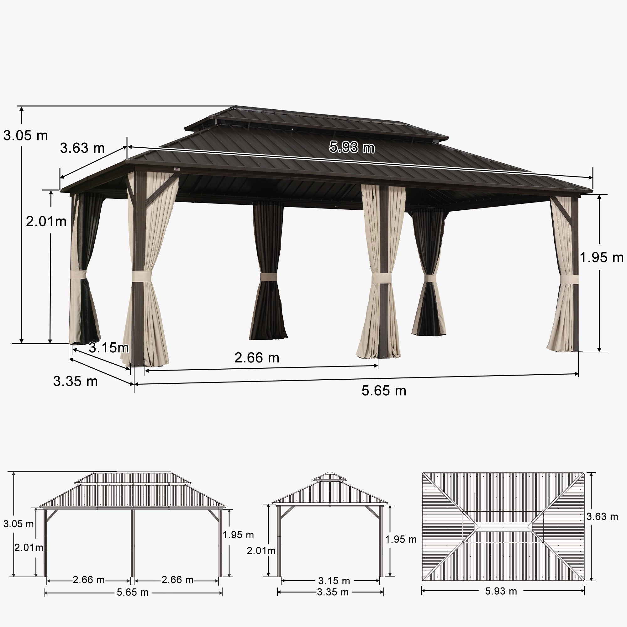 PURPLE LEAF Hardtop Tuinpaviljoen Essential Gegalvaniseerd Stalen Dak Aluminium Frame met Gordijn en Klamboe -Brons