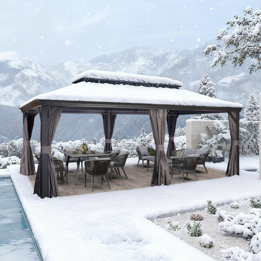 PURPLE LEAF Tuinpaviljoen Voor Achtertuin Grijs Hardtop Gegalvaniseerd Stalen Dak Luifel met Upgrade Gordijn